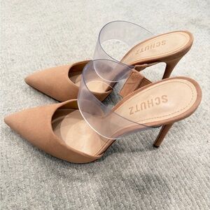 SCHUTZ Tan Pointed-Toe Clear Strap Mule Heels